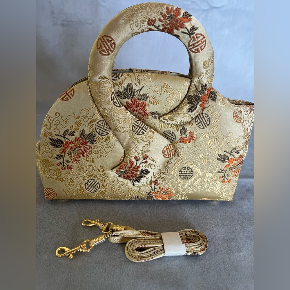 Silk Gold Floral Print Women's Bag w/Detachable Strap - Picture 7 of 8